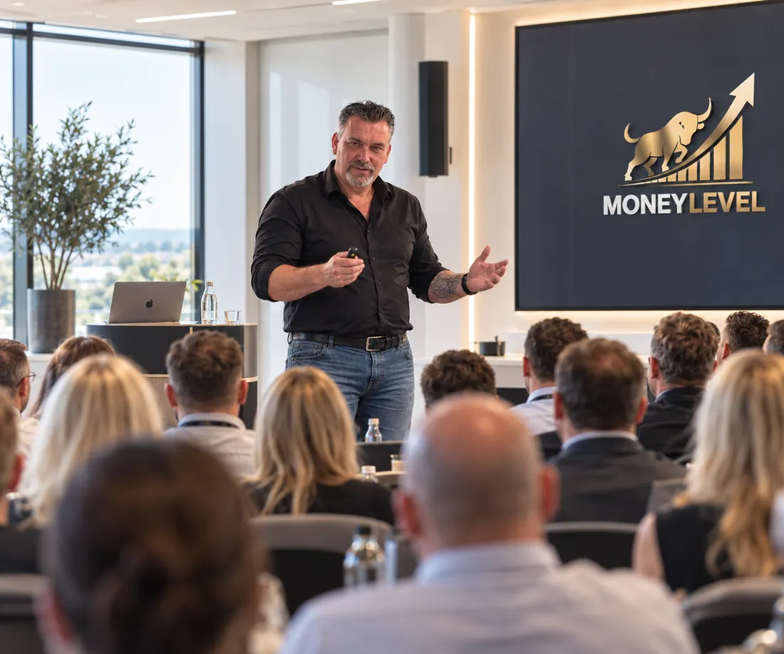 Andreas Wilshusen spricht vor Publikum, im Hintergrund das MoneyLevel-Logo