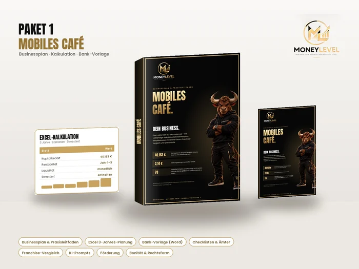 Mockup des MoneyLevel-Pakets Mobiles Café mit Businessplan, Excel-Kalkulation und dem MoneyLevel-Bullen