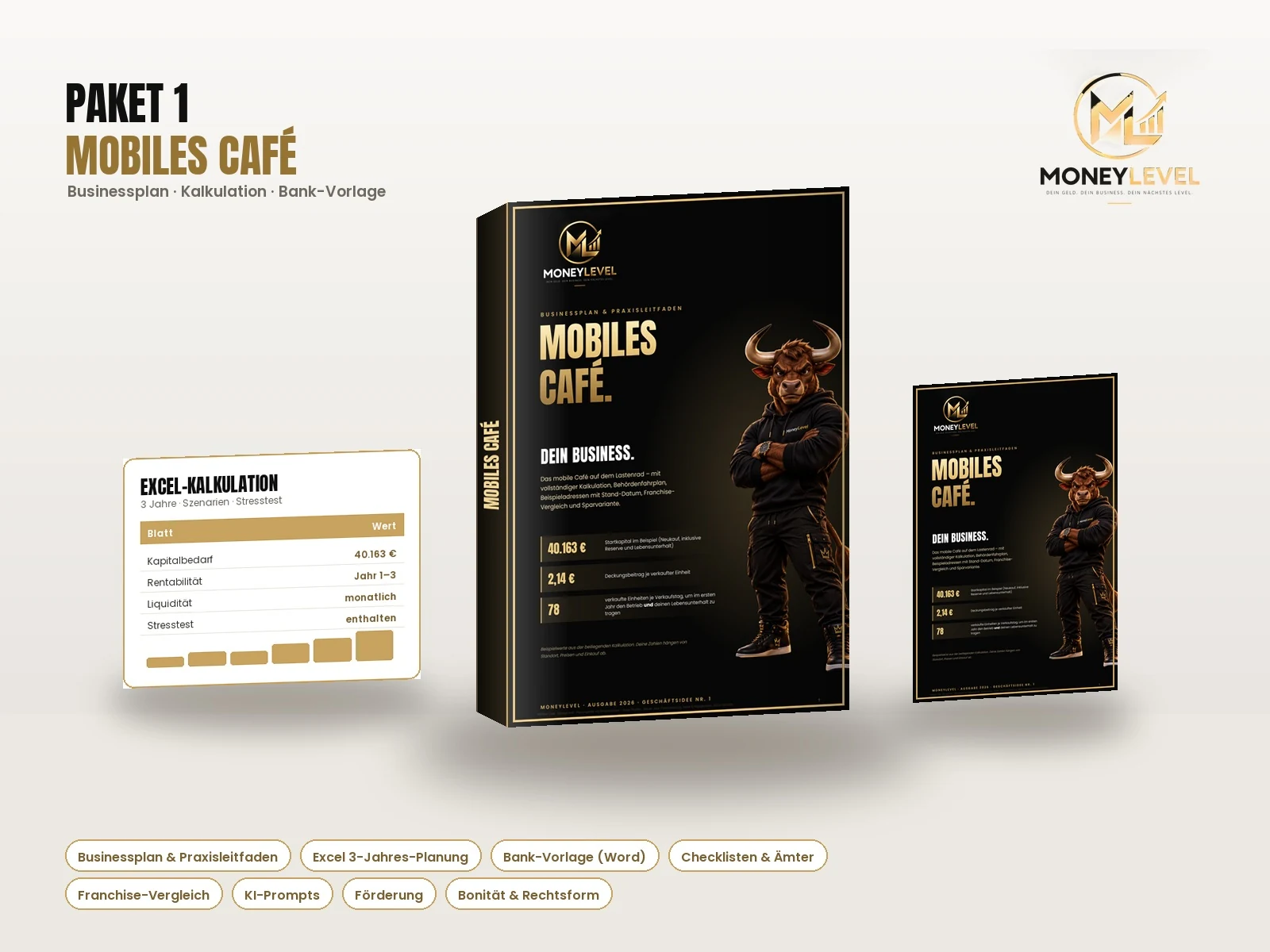 Das MoneyLevel-Gründerpaket Mobiles Café: Businessplan, Excel-Kalkulation und Checklisten, daneben der MoneyLevel-Bulle